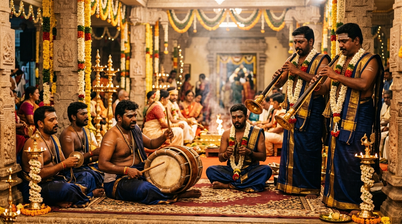 Traditional Nadaswaram and Thavil artists performing in wedding mandapam