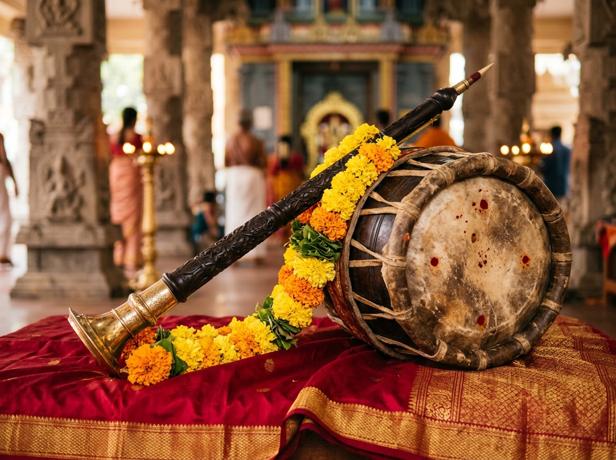 Sacred wood Nadaswaram and leather Thavil with marigold garland